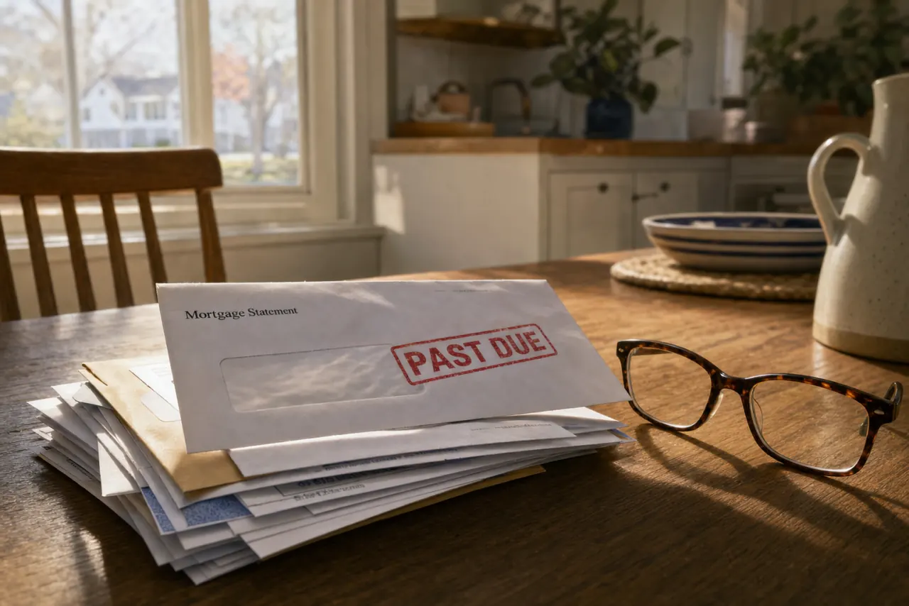 A stack of mail on a kitchen table with a mortgage statement envelope stamped PAST DUE
