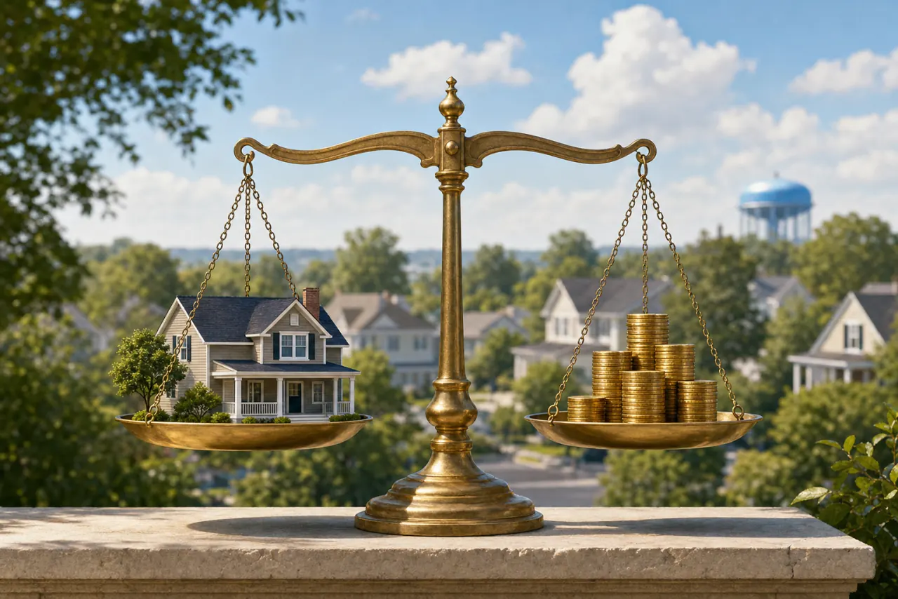 A balance scale weighing a small house against a stack of coins on a bright background