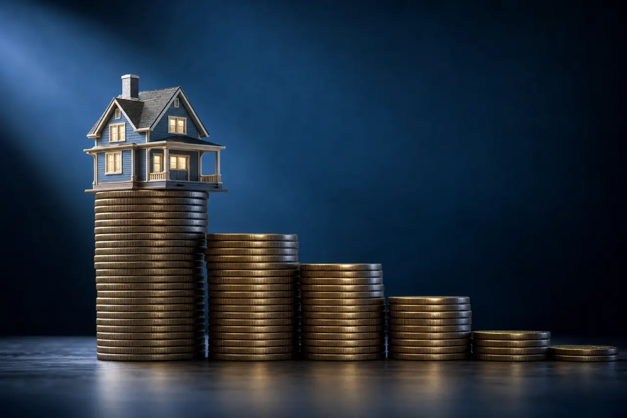 A small house atop a descending staircase of stacked coins representing home selling costs