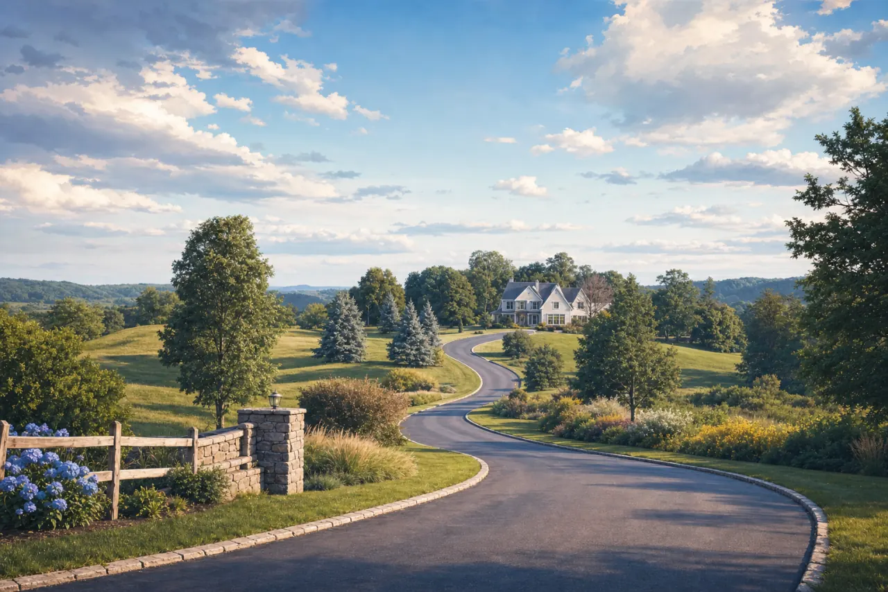 A winding country road leading toward a house on a hill in New Jersey