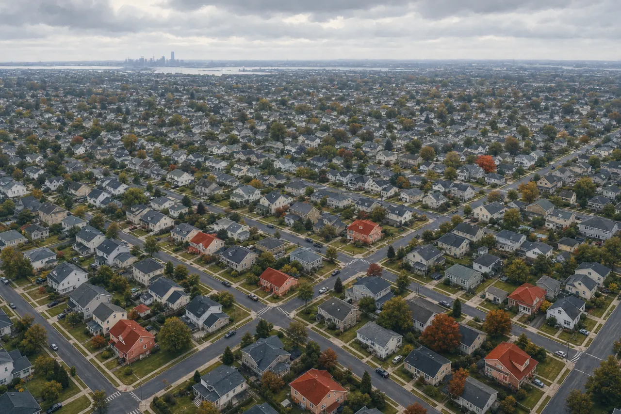 Aerial view of a New Jersey suburban neighborhood grid with a scattered handful of red-roofed homes standing out among gray rooftops