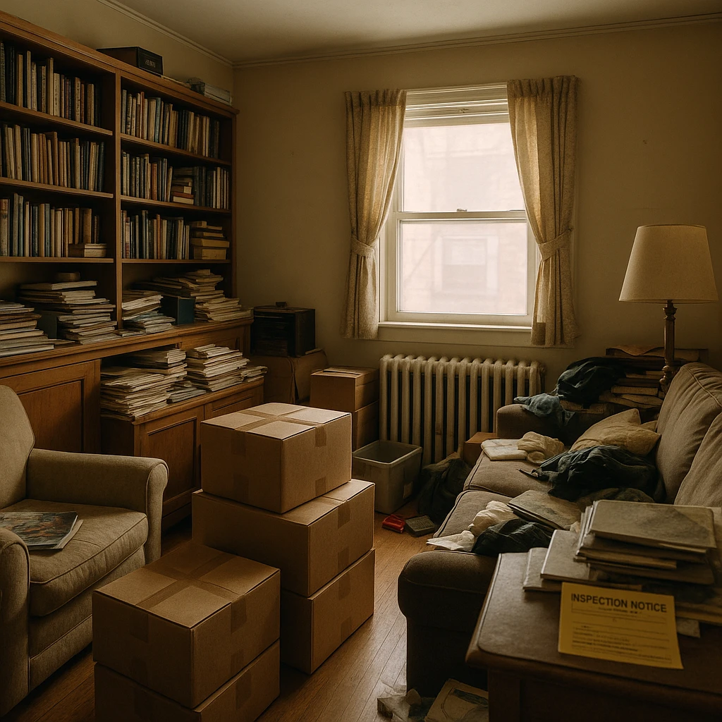 Cluttered room typical of a hoarder house in New Jersey, with moving boxes and packed shelves