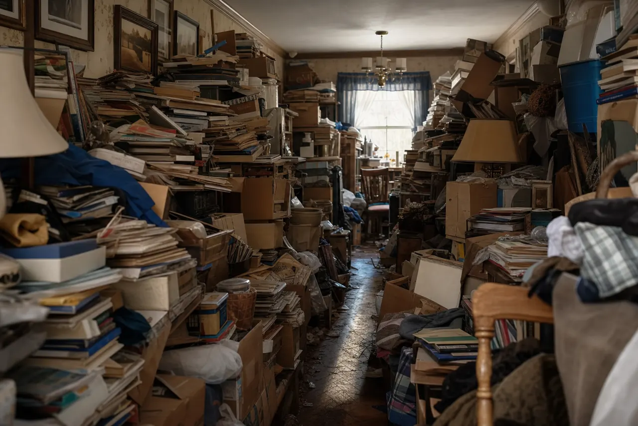 The cluttered, packed interior of a hoarder house in New Jersey before an as-is sale