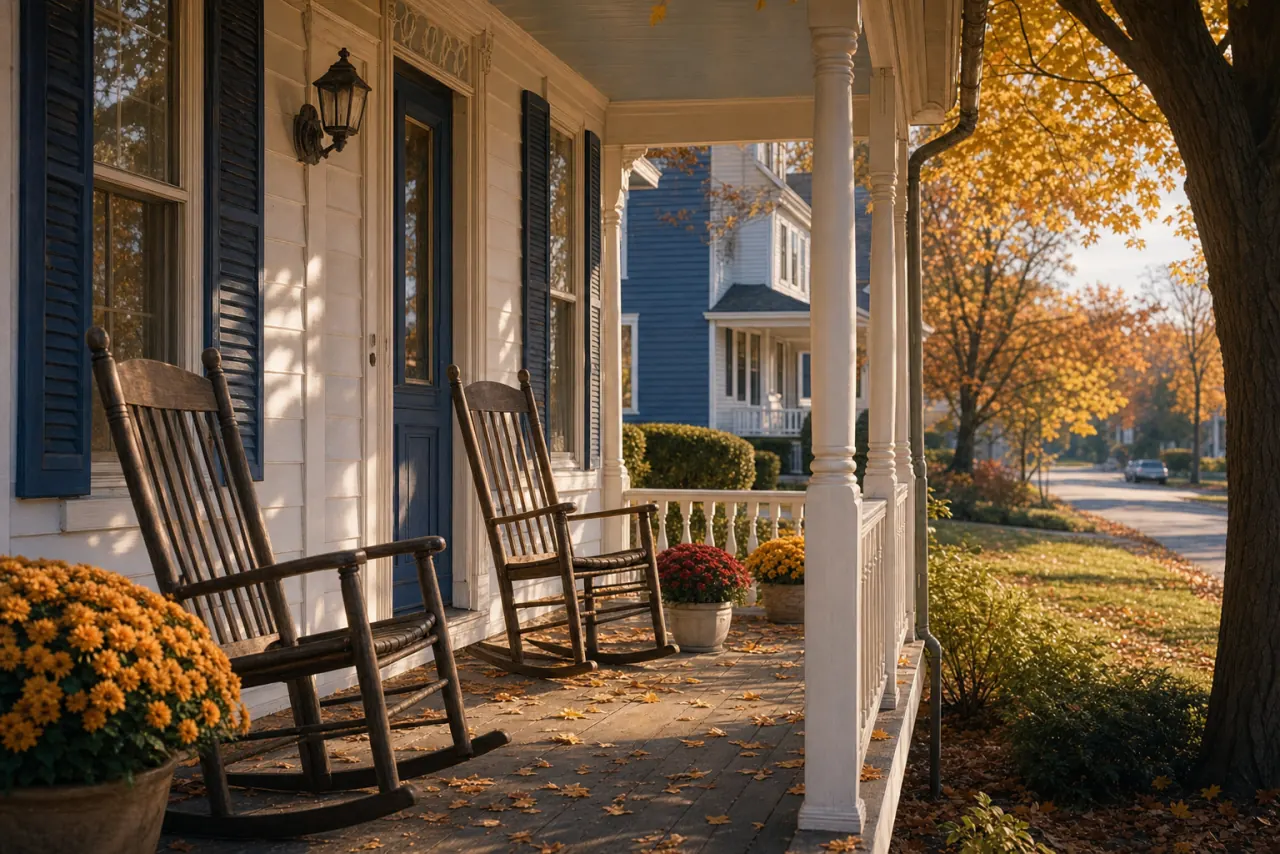 The front porch of an older New Jersey family home with two rocking chairs in warm autumn light