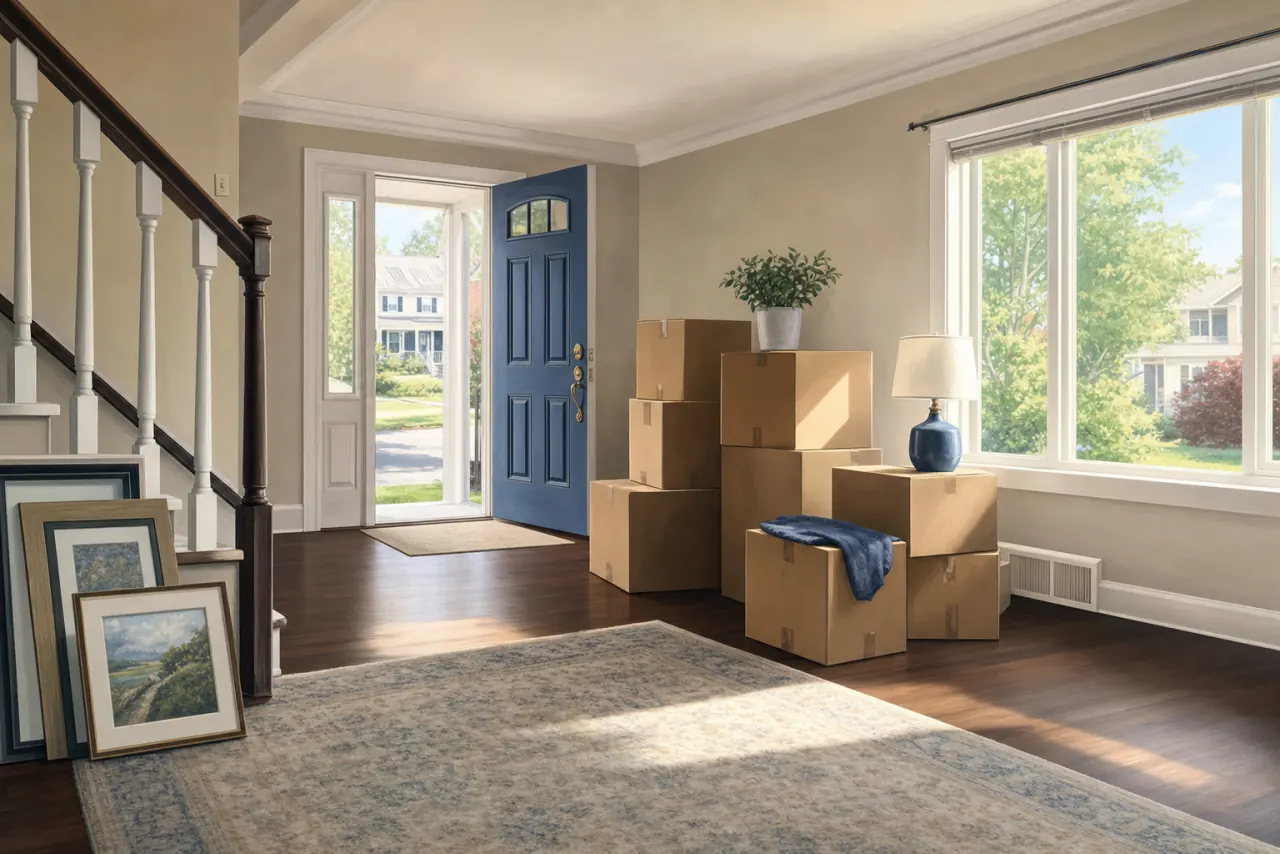 Moving boxes stacked by the front door of a New Jersey home ready for a relocation