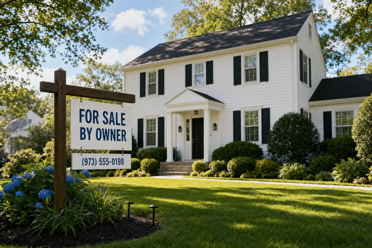 A For Sale By Owner yard sign in front of a white colonial home in New Jersey