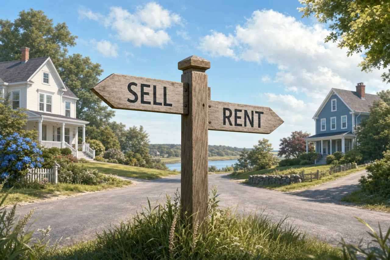 A wooden crossroads signpost with arrows pointing to Sell one way and Rent the other