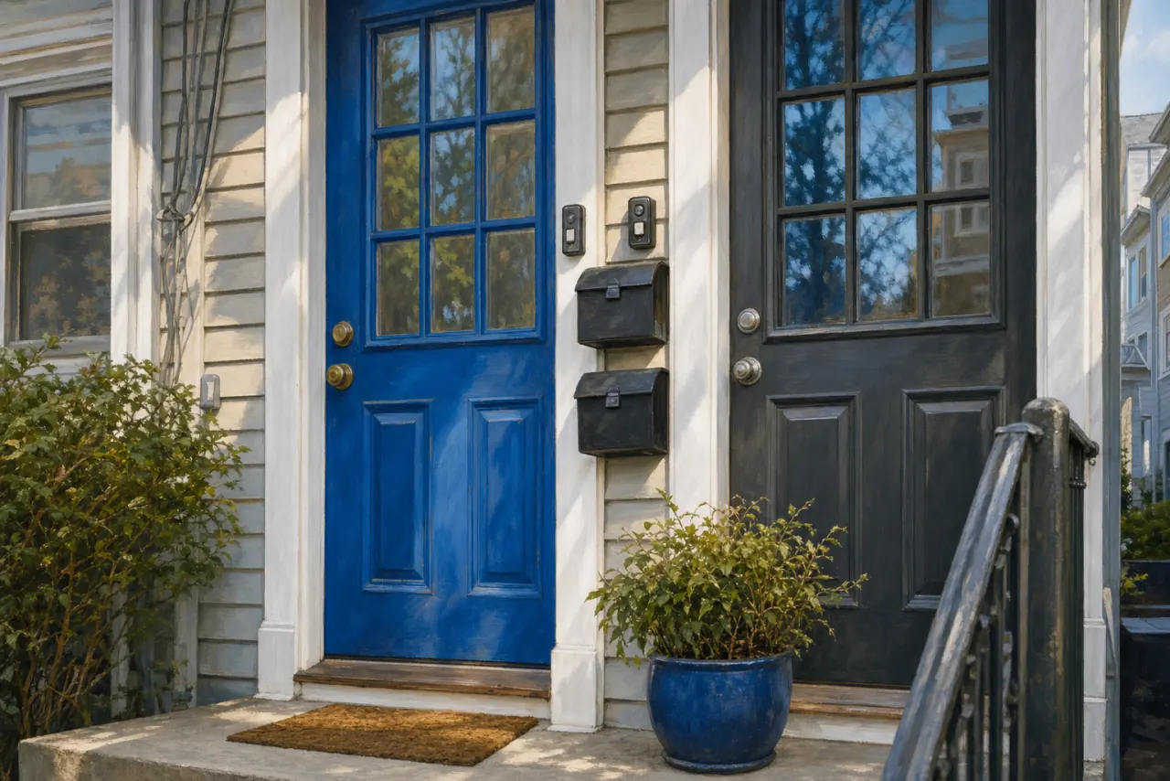 Close-up of two front doors and two mailboxes at a New Jersey two-family rental, signaling occupied units