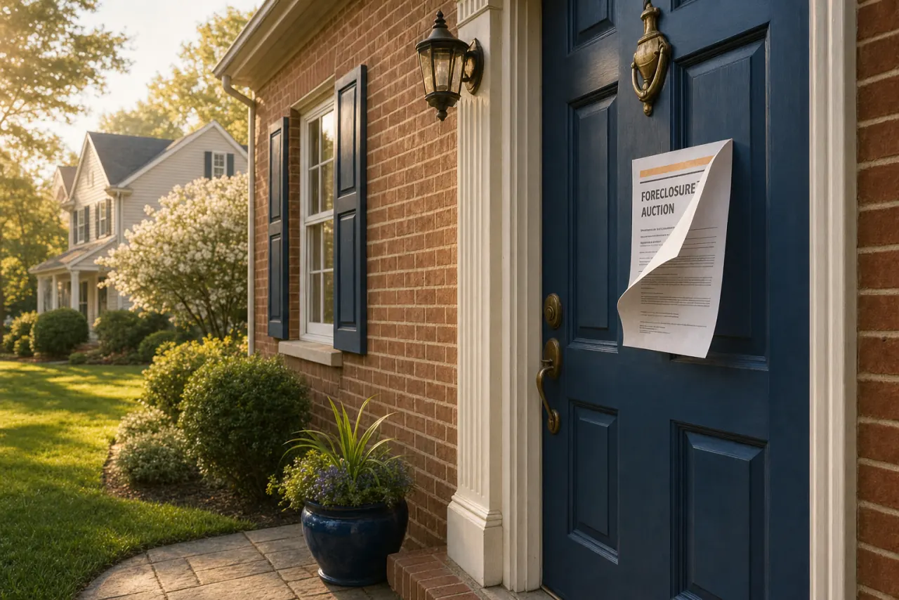 A foreclosure auction notice peeling off the front door of a New Jersey home