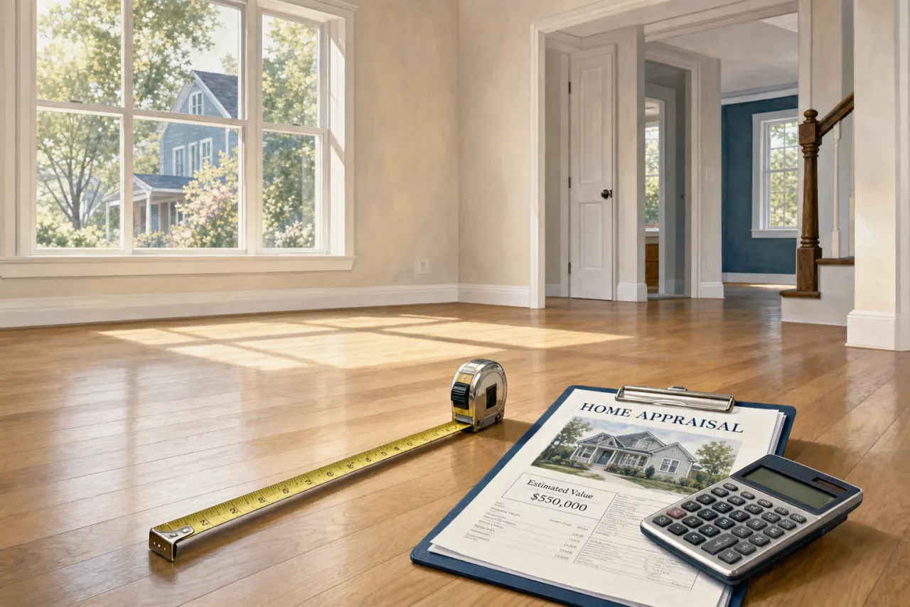 A home appraisal report, tape measure, and calculator on the floor of an empty room being measured